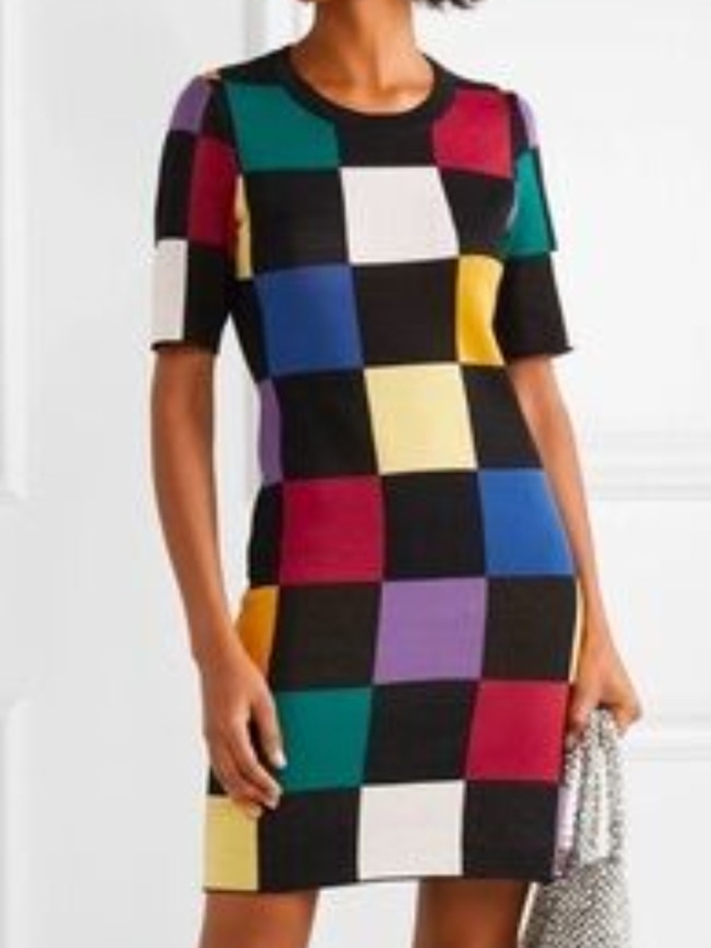STAUD Multicolor Checkerboard Short-Sleeve Knit Dress